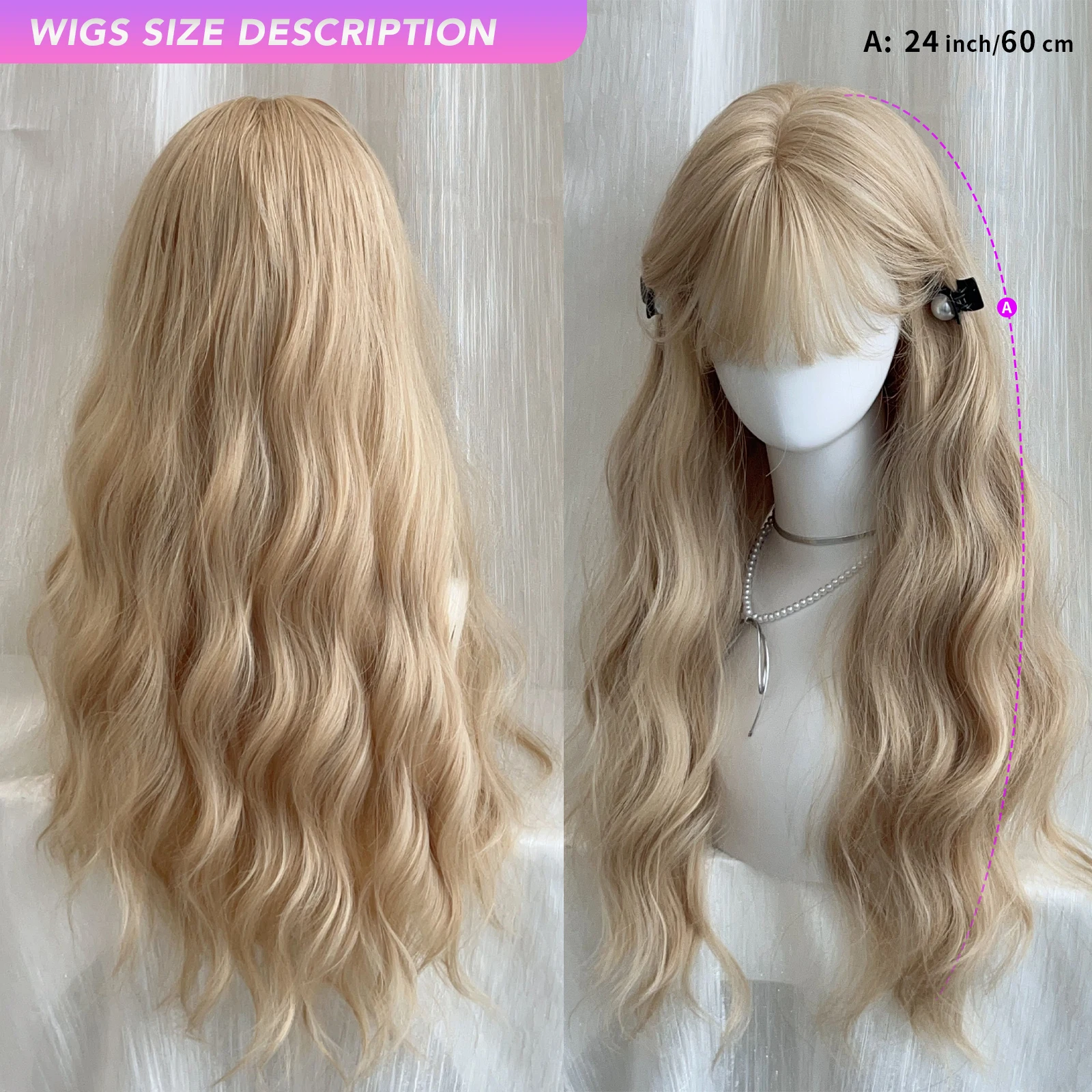 MEISU 24 Inch Synthetic Wig Water Wave Bangs Platinum Blonde Heat-Resistant Fiber Natural Smooth Daily Wear for Women