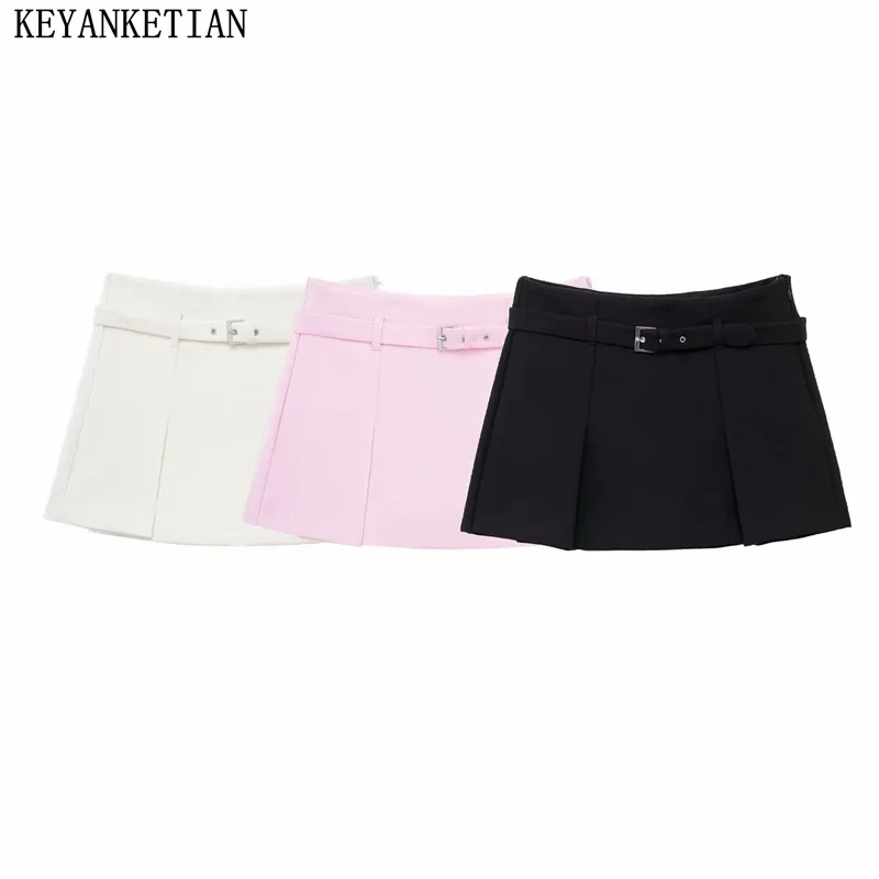 

KEYANKETIAN 2024 New Women's Solid color Skirt With Belt Decoration Side Zipper High waist Wide Pleated Mini Skirt Pantskirt