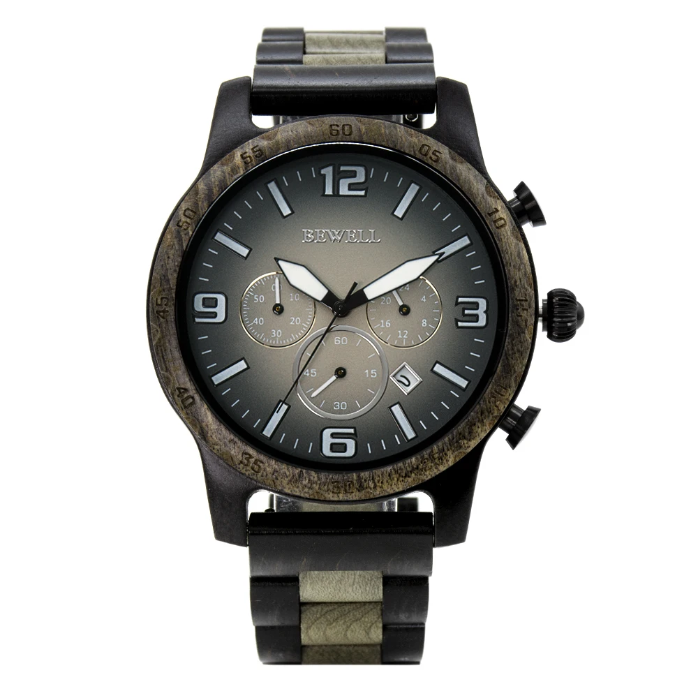 Luxury Round Wooden Chronograph Watch for Men with Date Display 3 Sub-Dials Handmade Light Weight Luminous Quartz