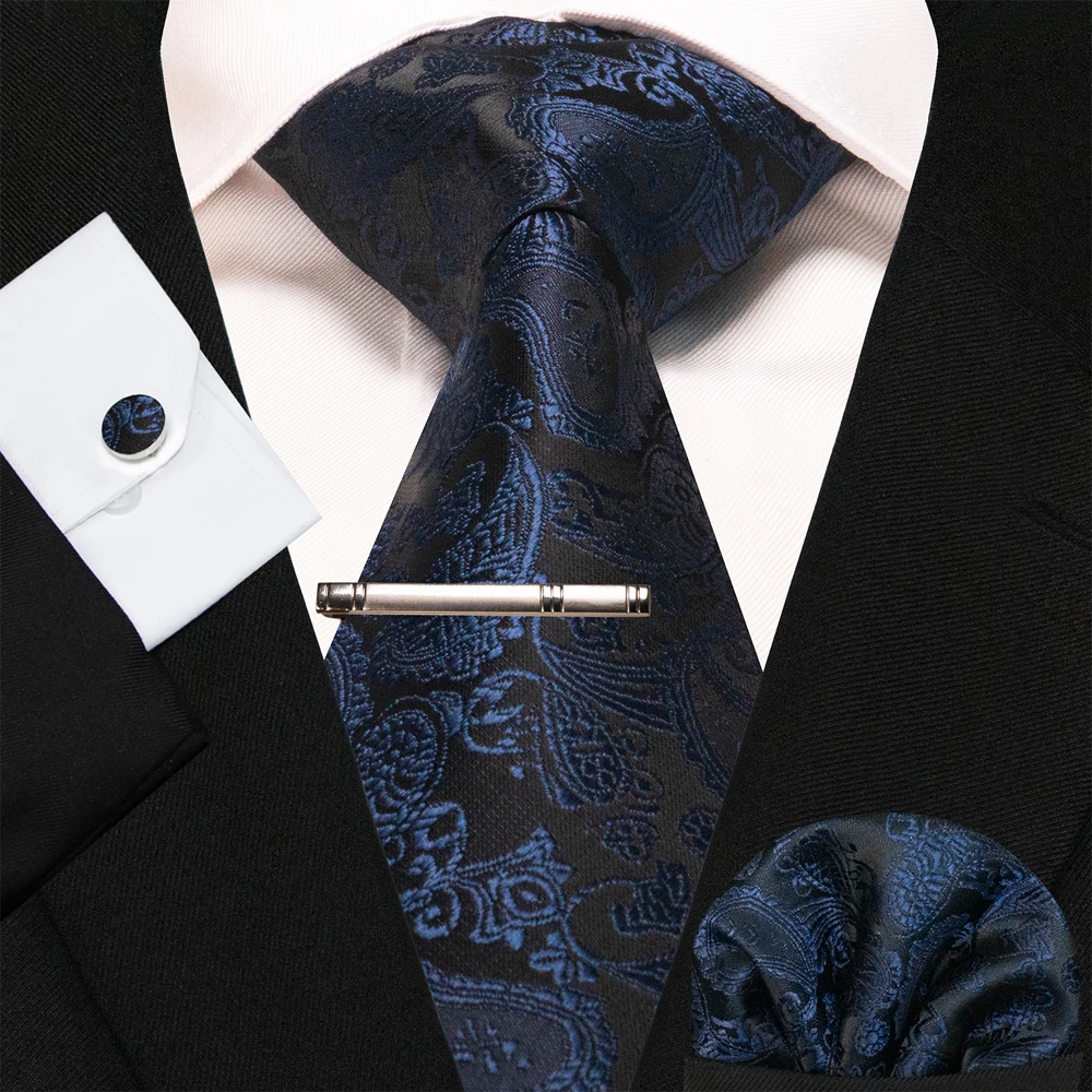 Blue Green Paisley Neck Ties For Men Luxury 8cm Wide Silk Wed Tie Pocket Square Cufflinks Tie Clips Set Christmas Gifts For Men