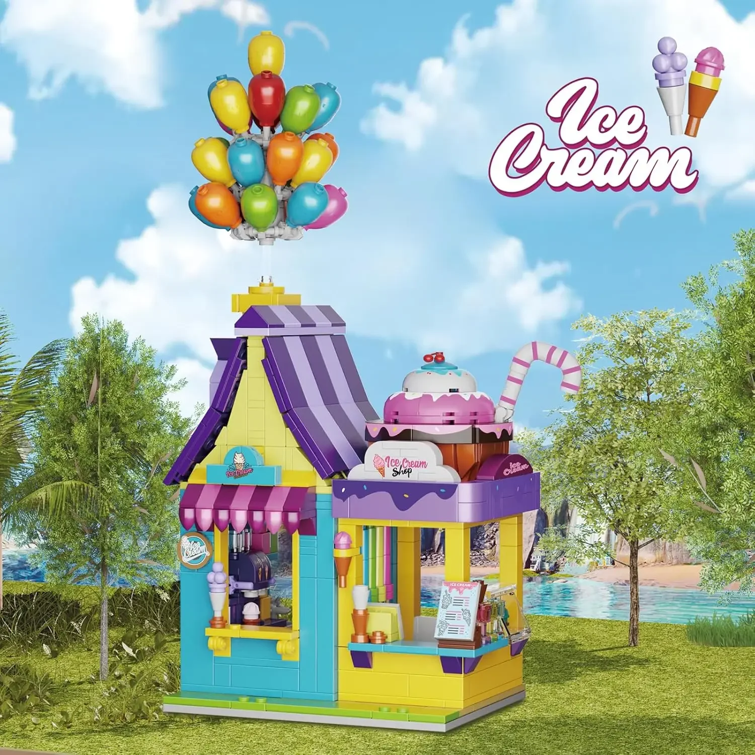 Ice Cream Shop Building Blocks Set Ice Cream Dessert Store Model Toys Castle Style with Balloons Birthday Gift Idea for Girls 6+