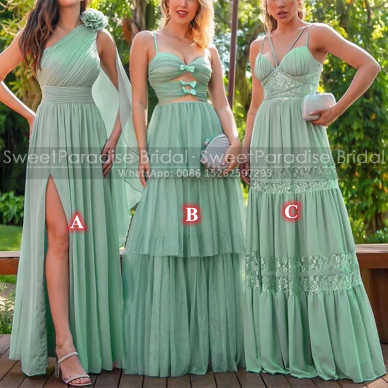 

Customized Lace Bridesmaid Dresses Long Tiered A Line Spaghetti Straps Side Split Wedding Party Dress Maid Of Honor For Women