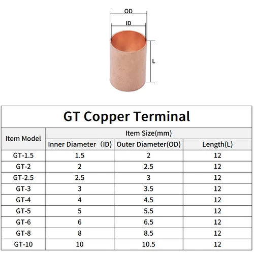 Imagen 2 del producto 100 Uds. Terminales de engarzado GT de conexión de cobre, junta de Cable de tubo, Terminal pequeño, Kit surtido de conectores de Cable EN