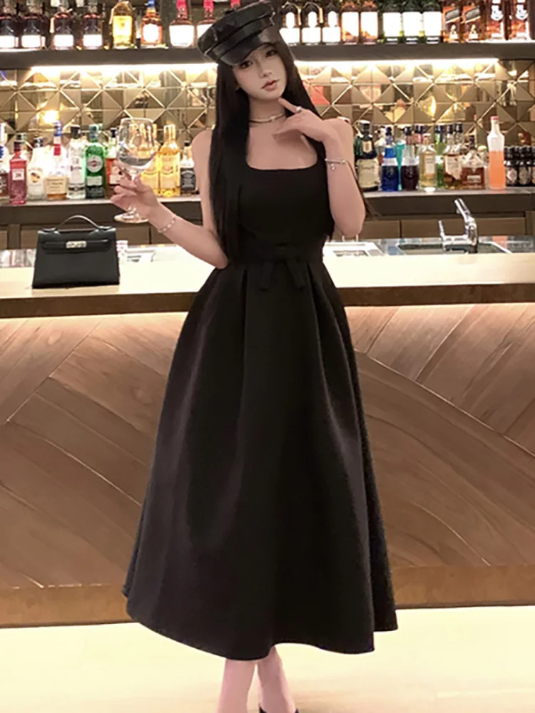 가을 겨울 핑크 섹시 슬링 롱 드레스 여성 우아한 바디콘 리본 드레스 2025 한국 패션 시크 페스티벌 이브닝 드레스