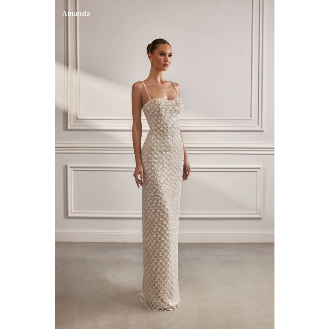 Amanda Customized White Beading Spaghetti Strap Prom Dress Strapless Floor-Length Sequins vestidos de noche  Formal Evening 2025