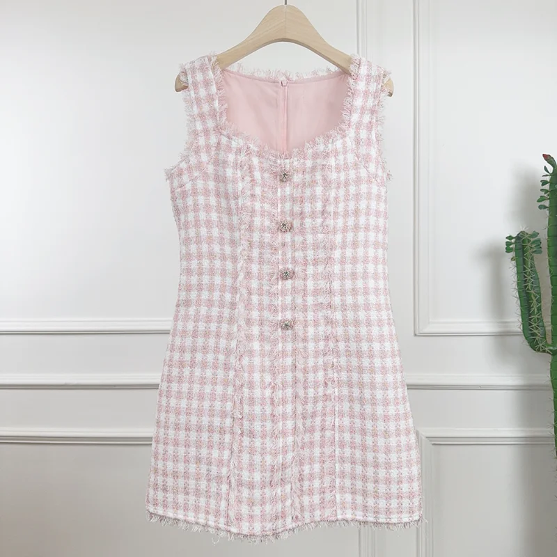 

Маленький аромат, розовое, синее клетчатое короткое платье без рукавов с квадратным воротником, женское модное милое винтажное женское твидовое платье с кисточками