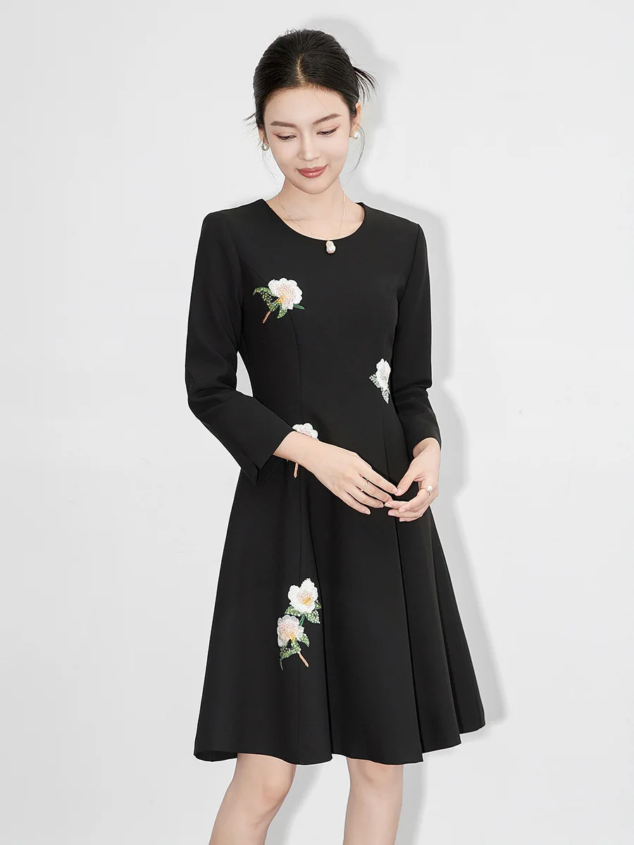 ZJYT Elegant Ladies Floral Sequined Dresses for Women Autumn 2024 Fashion Long Sleeve Casual Black Short Dress Female Vestidos