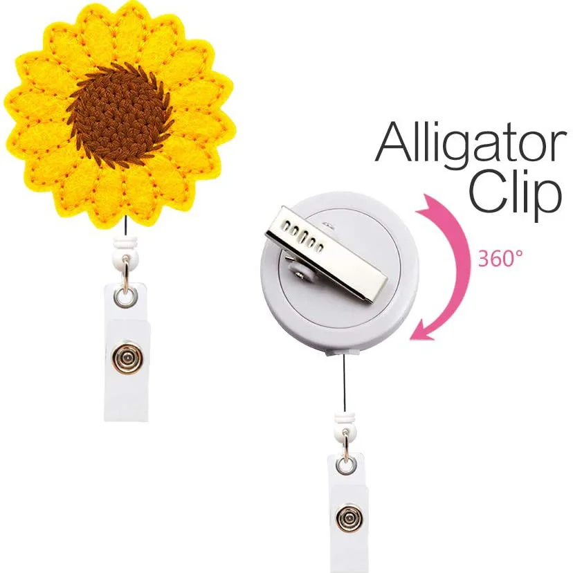 New Arrival 1 Piece Felt Sunflower Retractable Badge Reel 360° Rotatable ID Card Holder Alligator Clip forNurse Teacher Office
