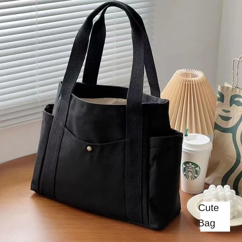 Geräumige Canvas-Tragetasche mit Schriftzug, Vielseitige Handtasche für Pendler, Arbeit, Studenten, Untertagetasche für Damen, Einkaufstasche – Detail 6