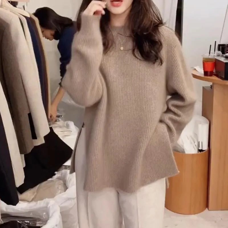 Pullovers Women Solid Simple Side-slit Japanese Style Harajuku Youthful Long Sleeve Sweater Knitting Loose Thicker All-match