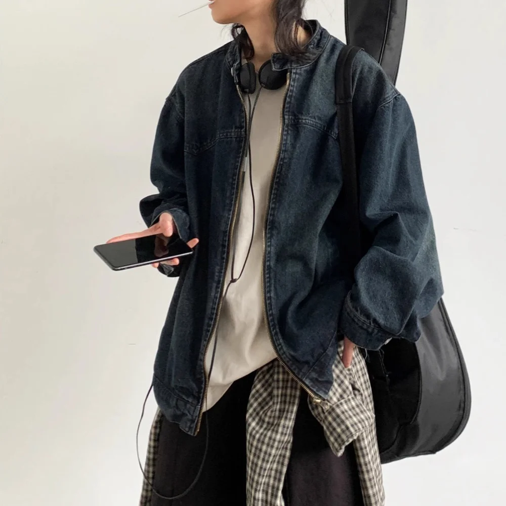 American Retro Washing Work Clothes Denim Jacket Spring Autumn Simple Street Casual Trend Niche Stand Collar Jacket Aesthetic