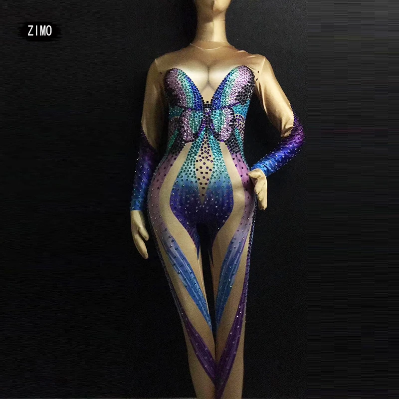 Sparkle Butterfly Blue Rhinestones Jumpsuit ผู้หญิงยืดกางเกงขายาวนักร้องเครื่องแต่งกายเต้นรําวันเกิด PARTY Club STAGE ชุด spandex