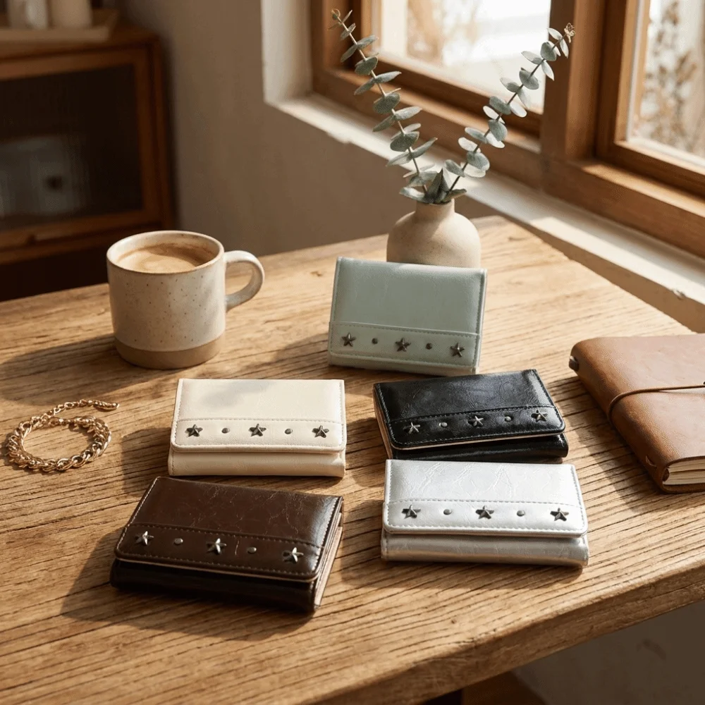 INS PU Star Rivet Trifold Wallet Compact Size Multiple Slots Coin Pocket Large Capacity Solid Color Card Holder Portable Carry