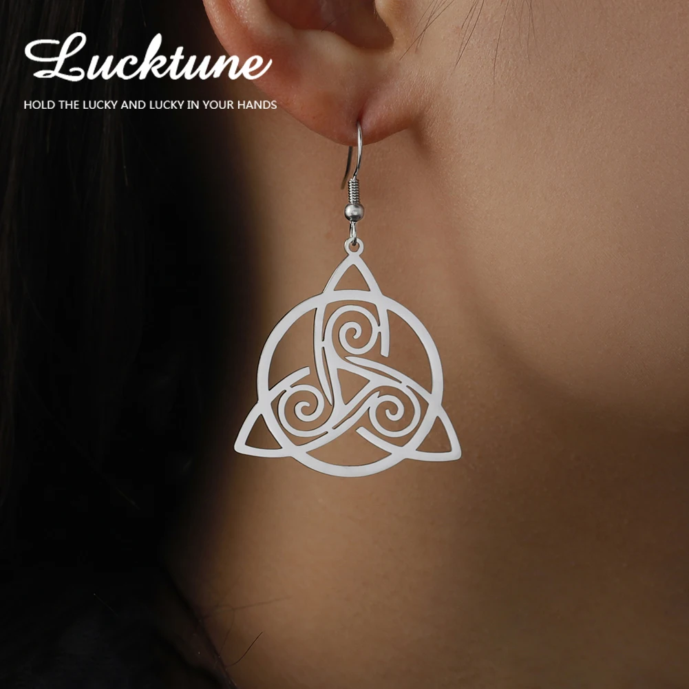 Lucktune Trinity Celtic Knot Drop Earrings Stainless Steel Spiral Triskele Triskelion Symbol Earrings Women Viking Jewelry Gift