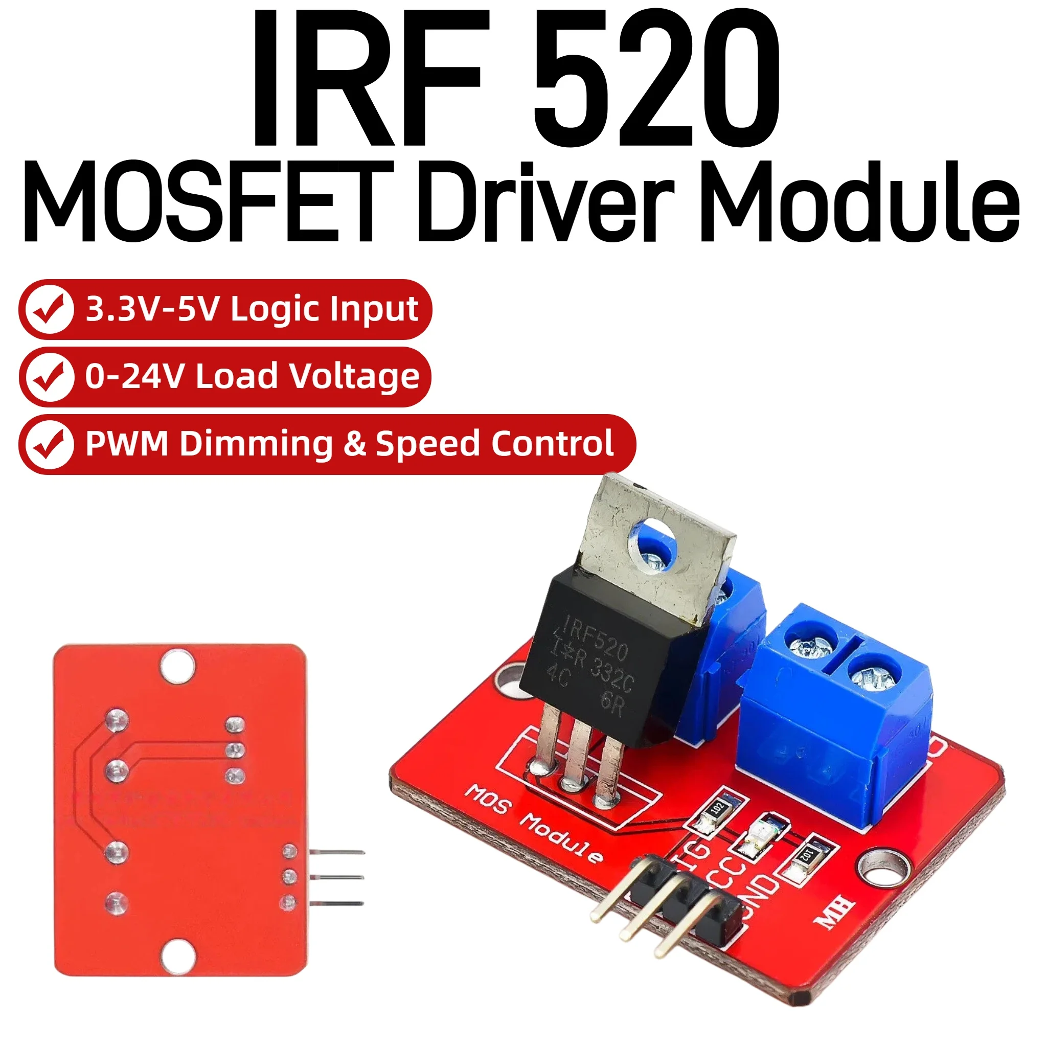 1/5/10PCS IRF520 MOSFET Driver Module 0‑24V PWM Control 3.3V 5V Logic Input For Arduino Raspberry Pi Motor Solenoid Valve