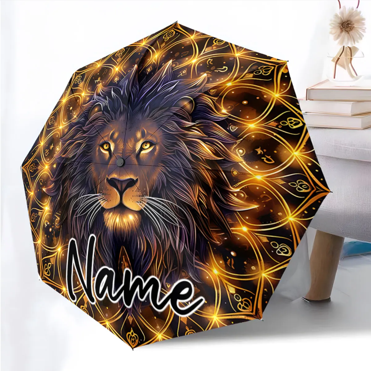 Custom Name Lion Umbrella with Glowing Golden Pattern Design Print 8 Iron Ribs Folding Umbrella Auto-Open Fashion Sunshade
