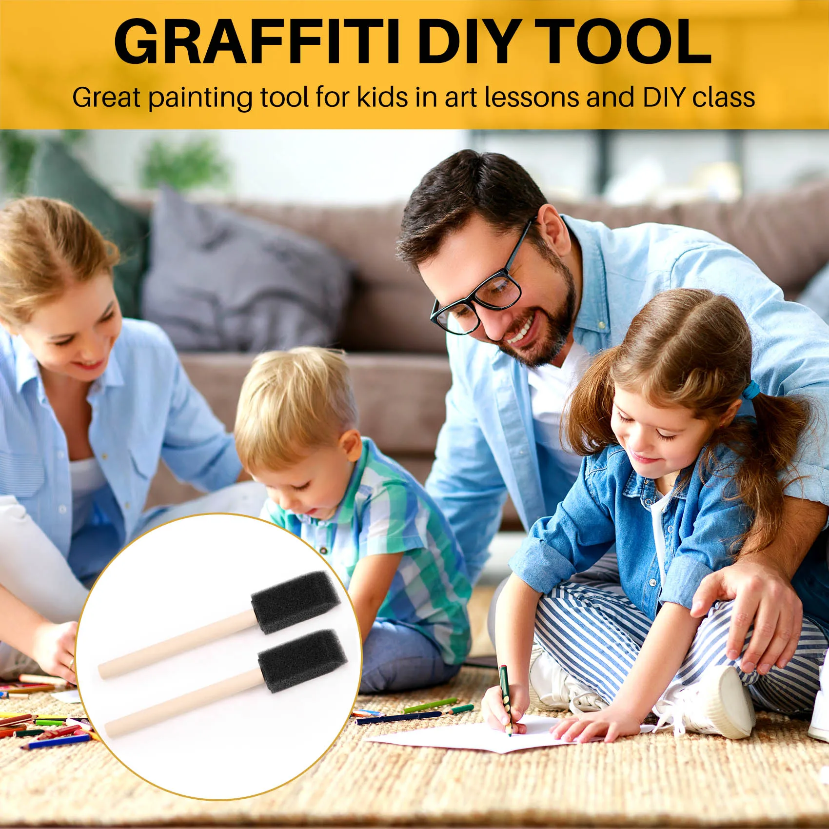 AA84 60Pcs Small Foam Paint Brush Sponge Foam Brush Painting Set Wood Handle 1 Inch Paint Brushes Tools Painting Set for Kids