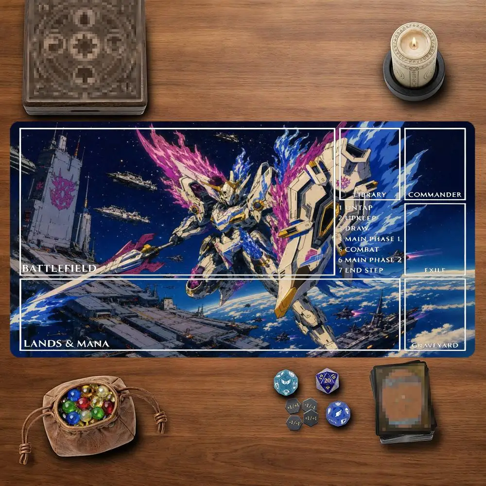 Space Mecha Purple Blue Fire Wings TCG Playmat 35X60CM Magic Card Battle Mat Non‑Slip Durable Stitched Edge Tabletop Playmat