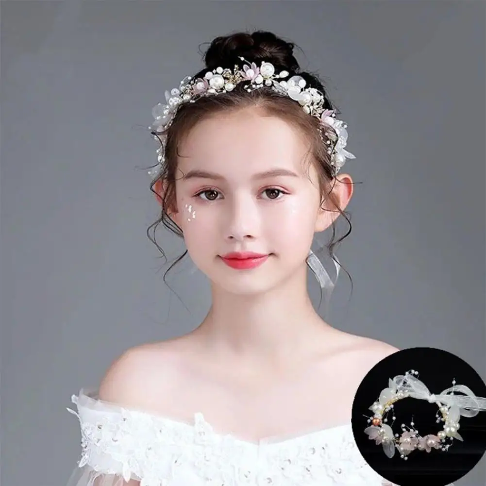 Kids Garland Headband With Ribbon Fastening Artificial Flower Decor Faux Pearls Princess Girl Garland Headdress Ленточный Ремень