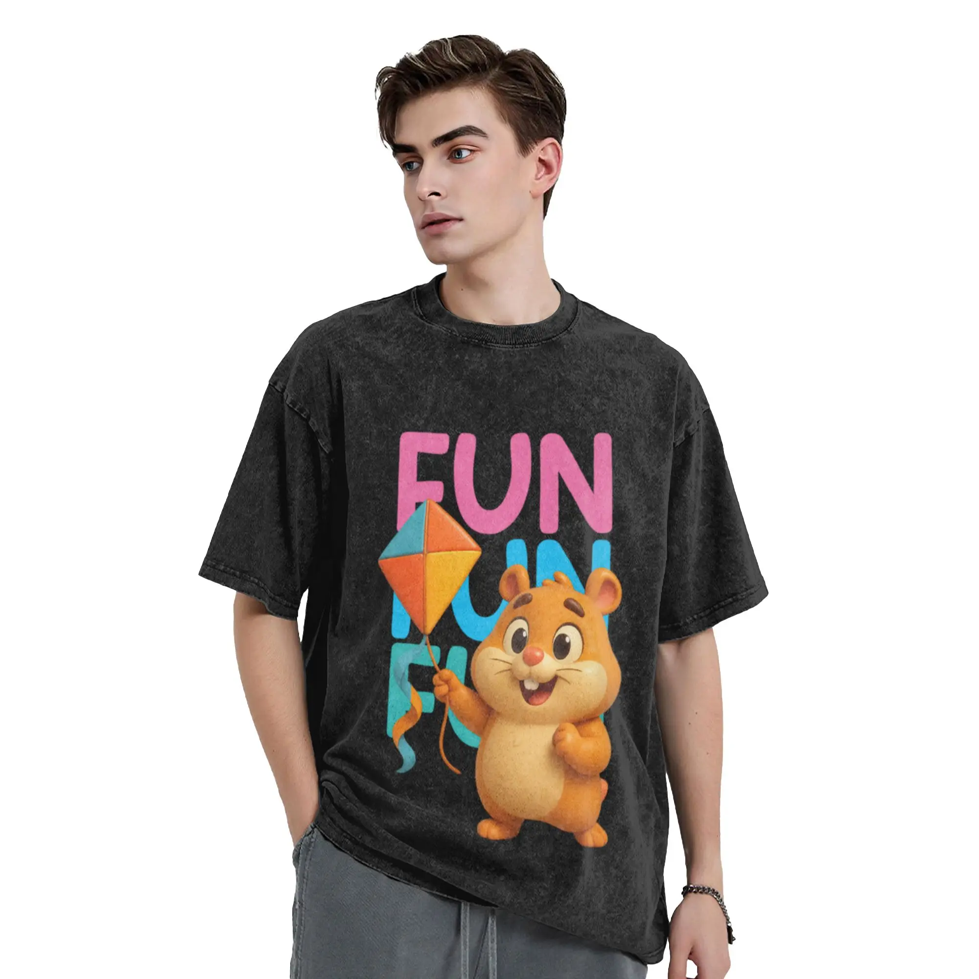 funny hamster  kite flying Unique Stylish A Washed T Shirt Men's Women's Oversized Cotton Tees Tops