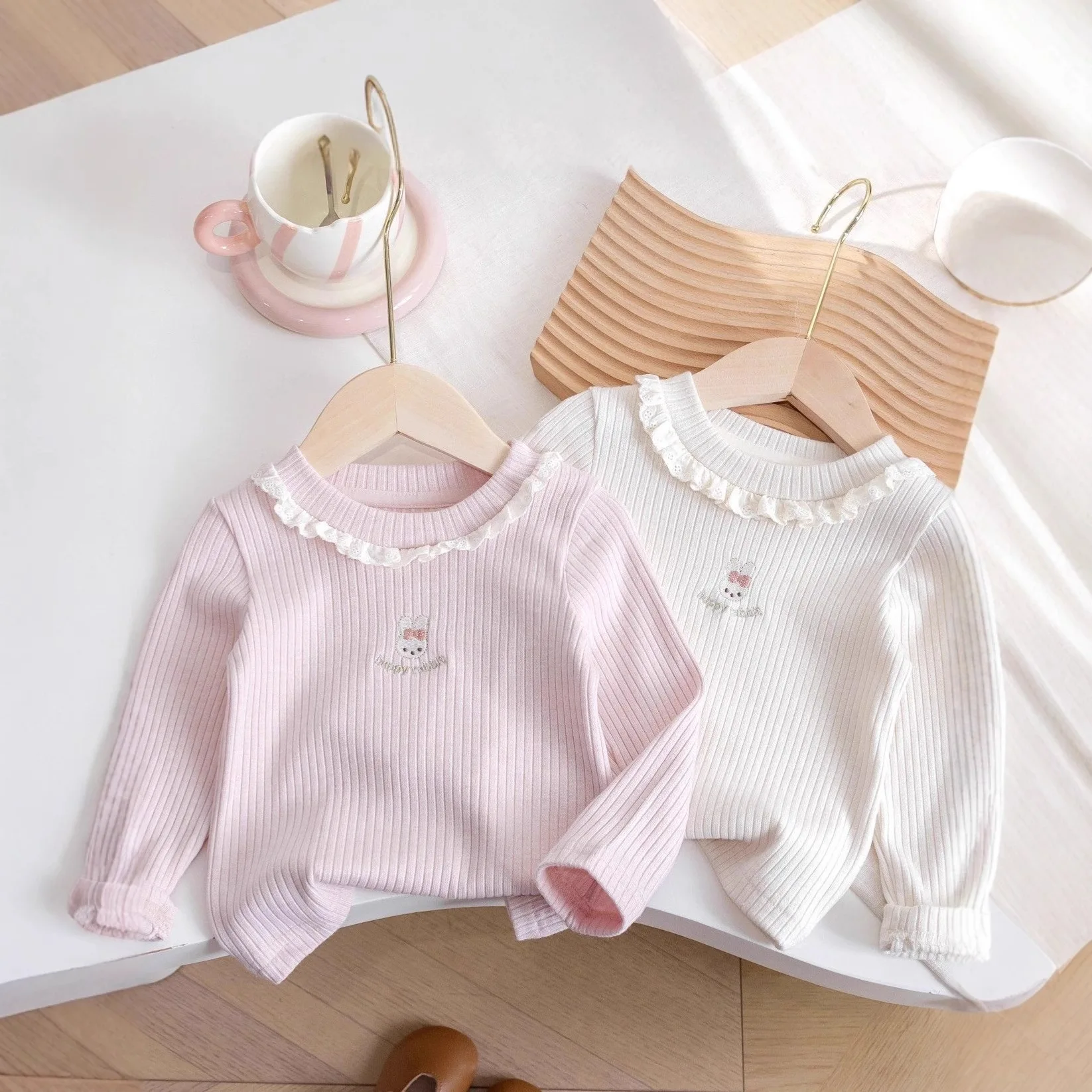 2026 New Girls Embroidered Long Sleeve T-Shirt Autumn Top with Ruffle Trim Stretchy Soft for Toddler Baby 1-6 Years