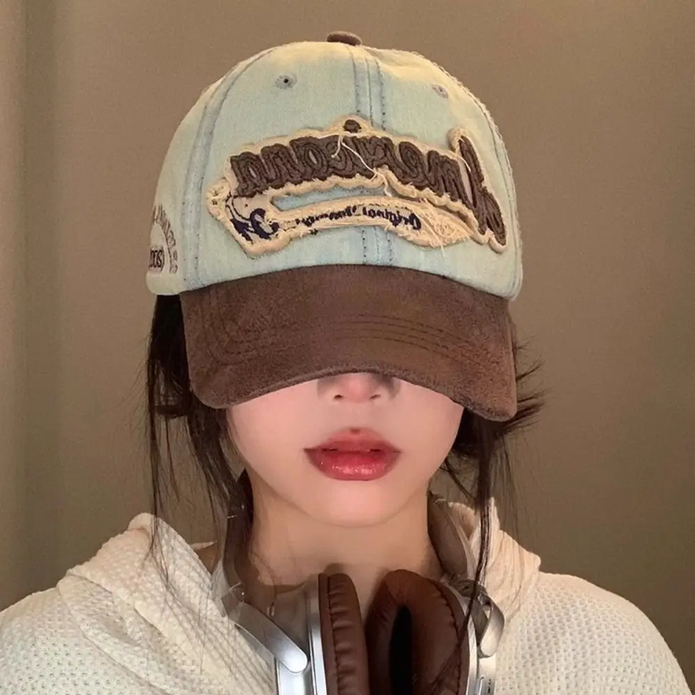 Simple Splicing American Retro Baseball Caps Denim Baseball Hat Tattered Jeans Sun Hat Sunscreen Hat Sunscreen Peaked Cap Girl
