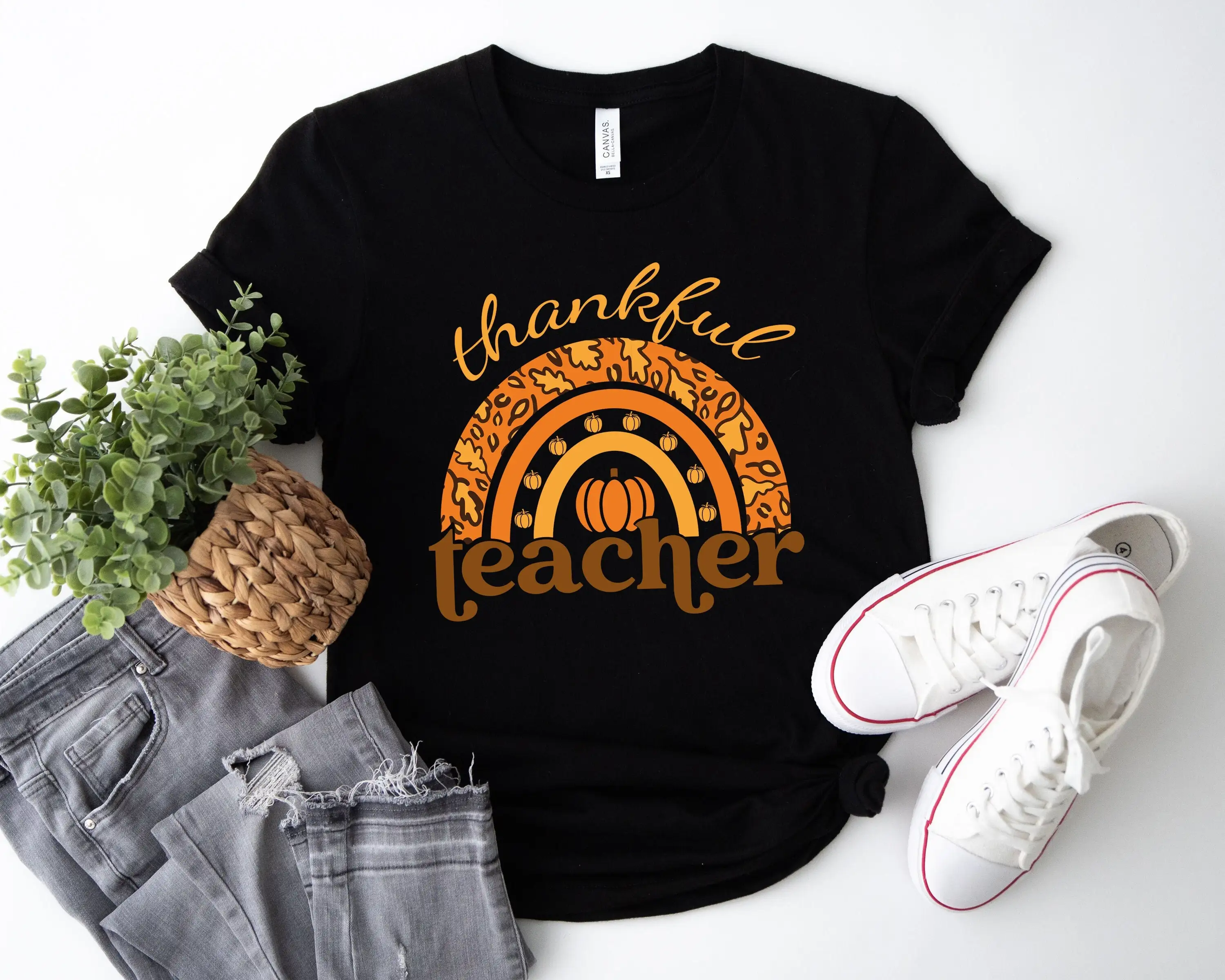 Thanksgiving Teacher T Shirt Thankful Rainbow Pumpkin Vacation Family Dinner