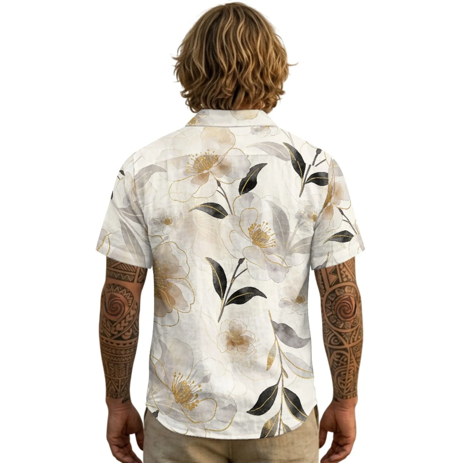 PENSTROLL Gold Floral Print Linen Style Men's Shirts Outdoor Clothes for Men for mens Single Breasted Summer Breathable Tops