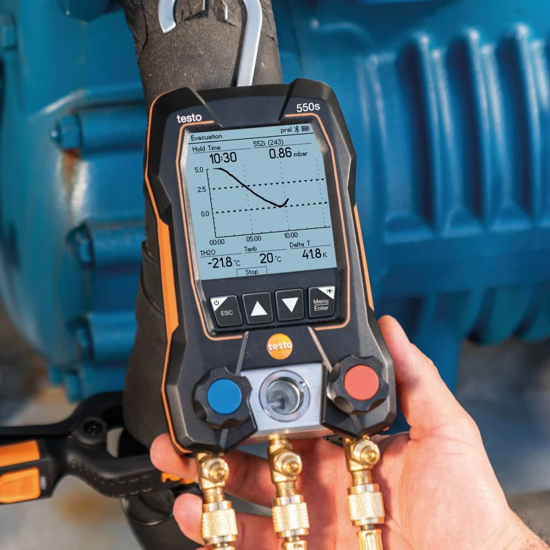 جهاز قياس تبريد بشاشة رقمية ذكية من Testo 550s مع مجموعة صمامات متوافقة مع البلوتوث وثنائية الاتجاه