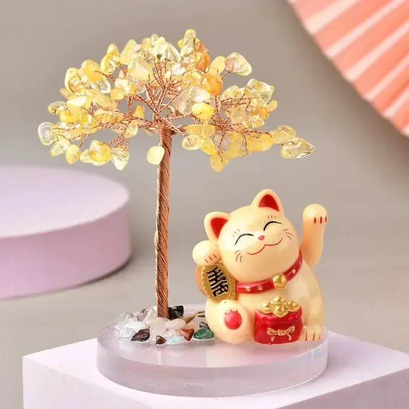 Lucky Cat Base Fate Tree Solar Energy Shake Hands Cat Natural Crystal Crushed Stone Life Tree Handwoven Office Desk Decoration