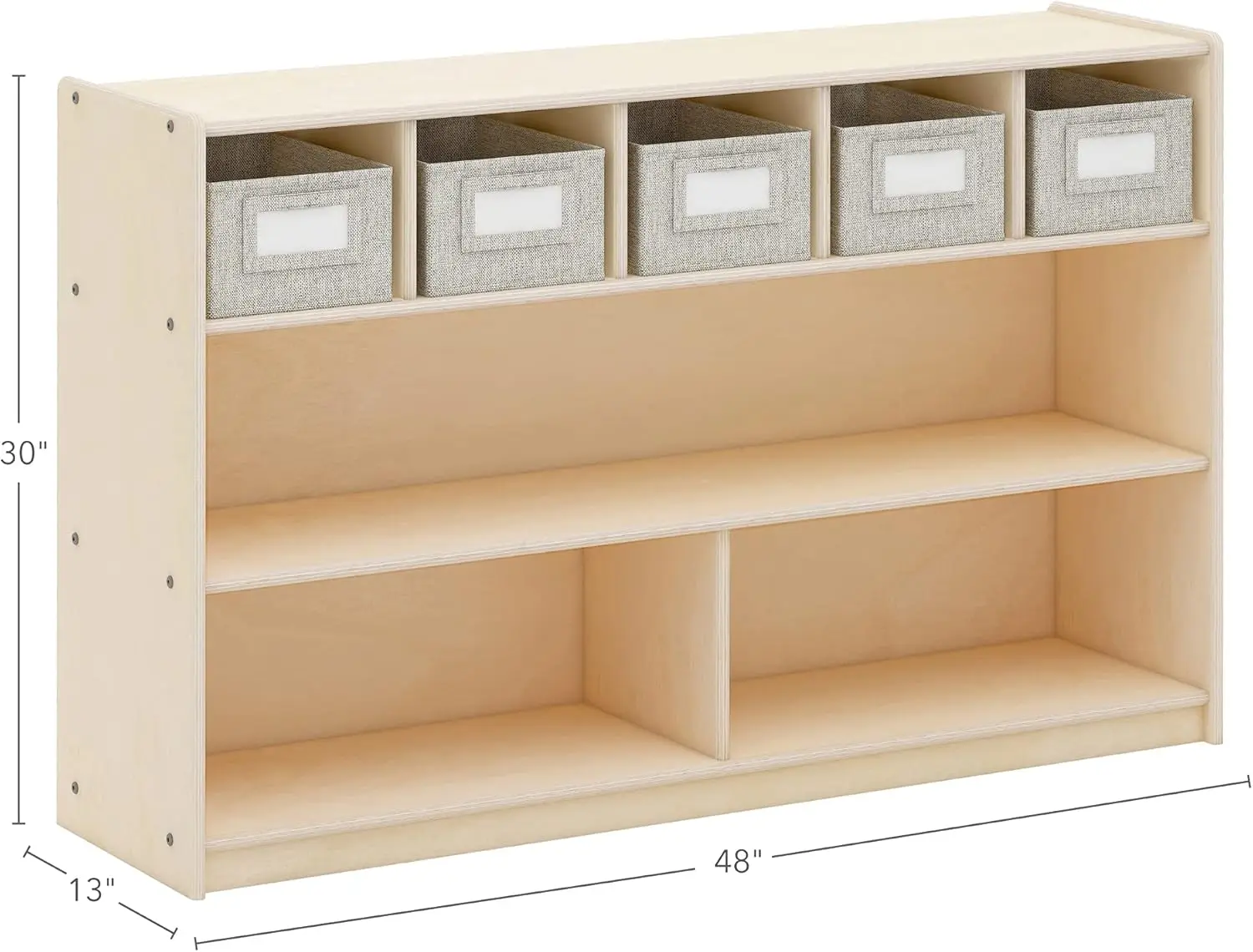 Shelves and 5 Bin Storage Unit- Natural: Wooden Organizer Cabinet for School and Home, Teacher's Book Cubby and Toy Shelf