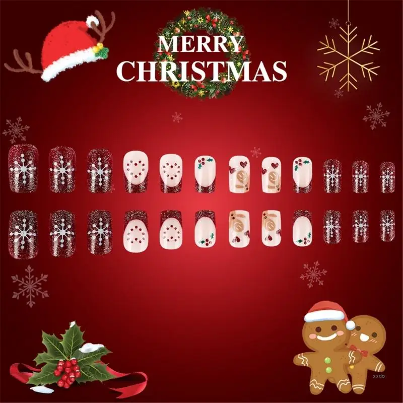 24x Christmas Press On Nail Snowflake Stick on Nail Short Square False Nail with Gingerbreads Man Designs for Women