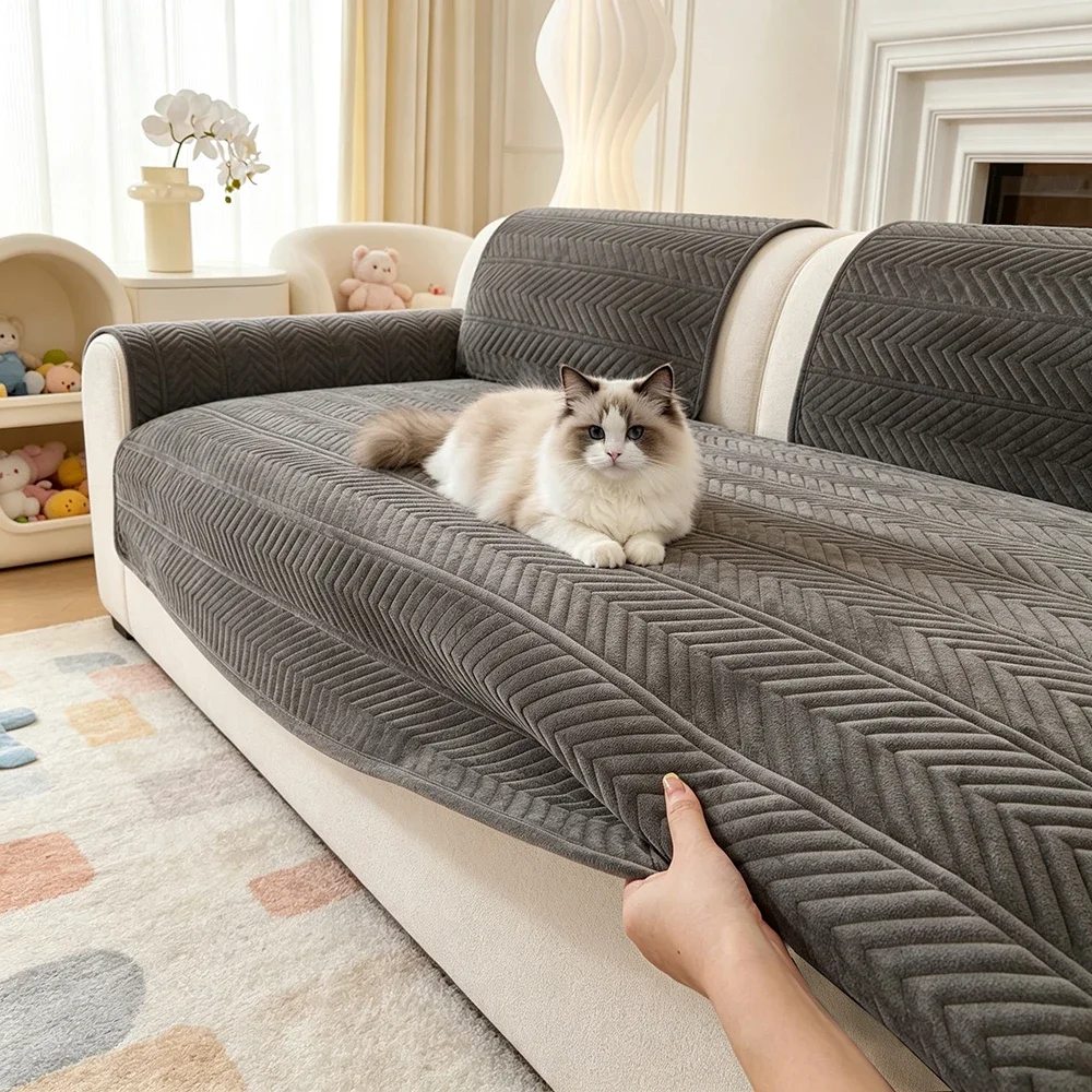 Plush Crystal Velvet Sofa Cushion Cover Gray Herringbone Non Slip Couch Seat Protector Soft Warm Slipcover for Living Room Decor