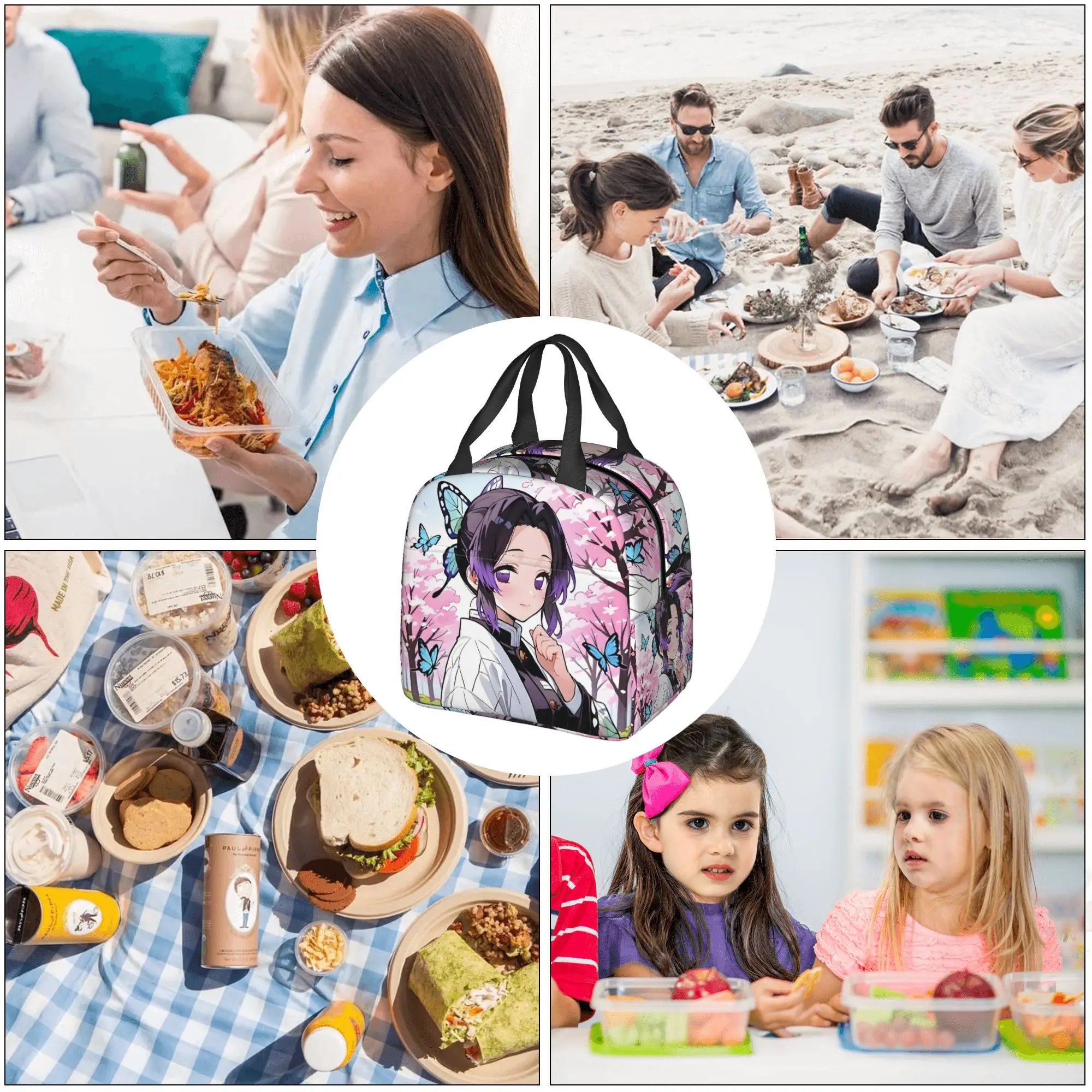 Custom Demon S-Slayer Butterfly Lunch Bag Men Women Shinobu Kochou Cooler Warm Insulated Lunch Boxes for Adult Office view 6
