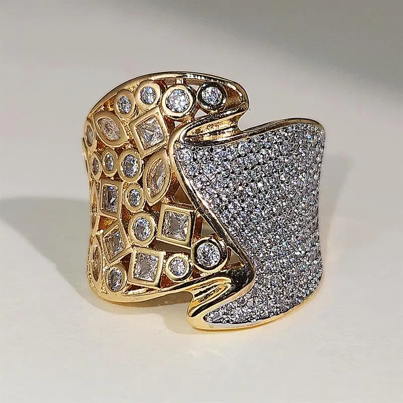 Huitan Asymmetrischer Damenring, geometrisches Design, Party, Club, Statement, voll glänzend, mit Zirkonia, Accessoires, luxuriöser, trendiger Schmuck – Detail 6