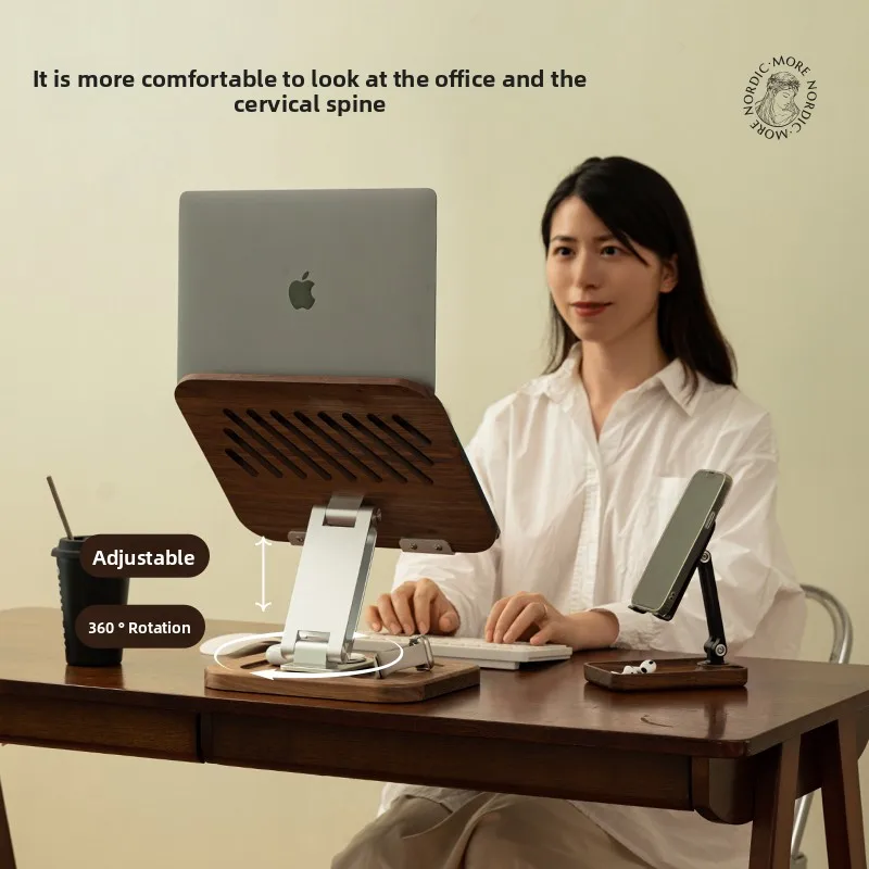 

Nordic Wooden Laptop Stand 360° Rotating Height Adjustable for Office/Home with Ventilation Holes Laptop Holder