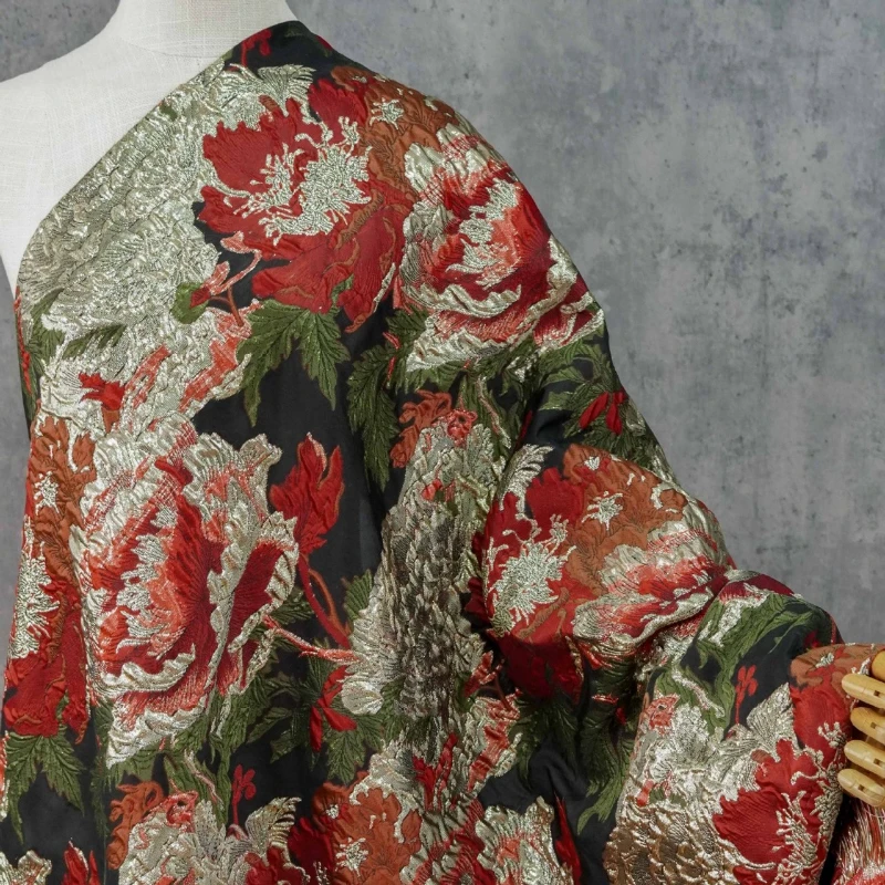 Red Peony Gold Thread Fabric Three-dimensional Relief Jacquard Slight Transparency for DIY Vintage Dress Outerwear