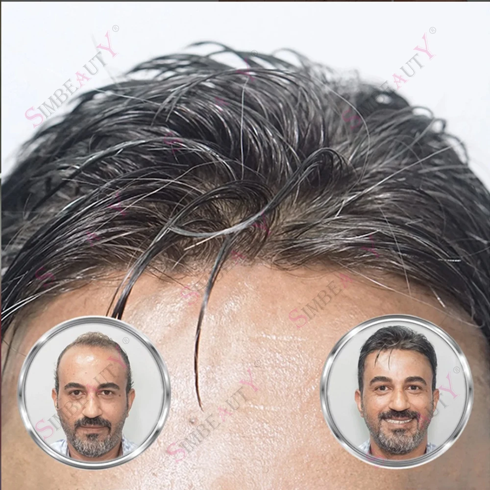 Línea de cabello Natural negro marrón oscuro peluquín para hombre silicona sin procesar 1B10 1B80 cabello humano gris prótula capilar suave Real postizo
