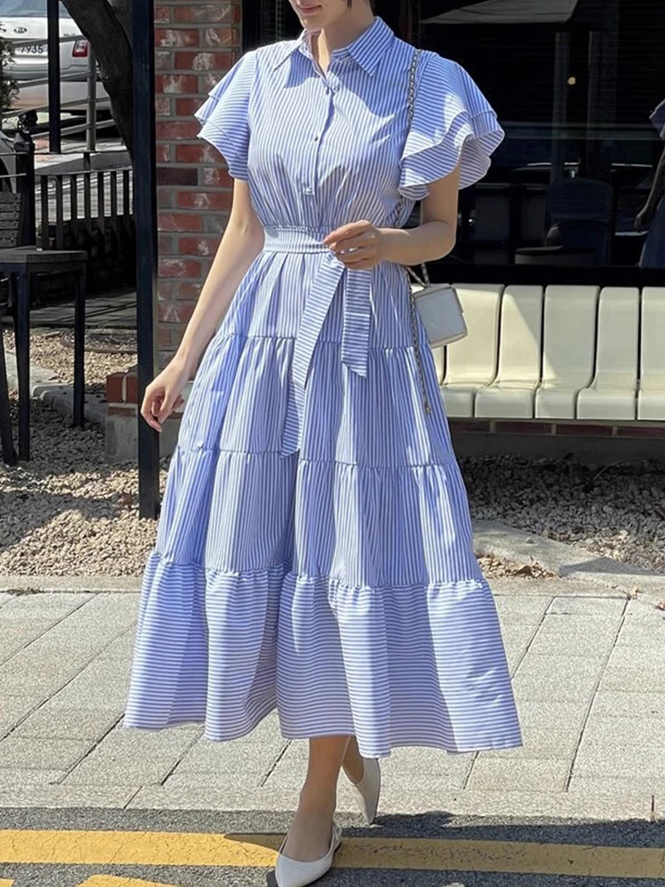 

Ele Ladylike Double Layered Stripe A-Line Dr with Flng Sves for Women Summer New Sle Retro Waist Cinched Long D...