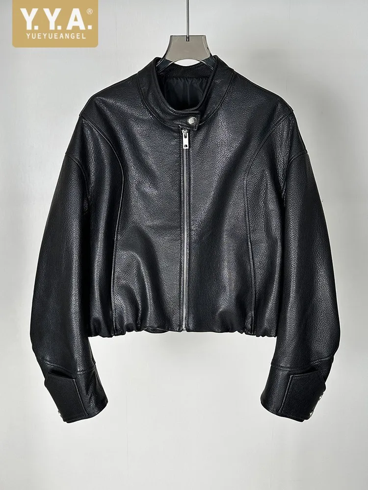 Jaqueta Feminina Casual de Couro Genuíno para Primavera, Gola Alta, Zíper, Estilo Punk, Couro de Carneiro, Ajuste Solto, Casaco Curto
