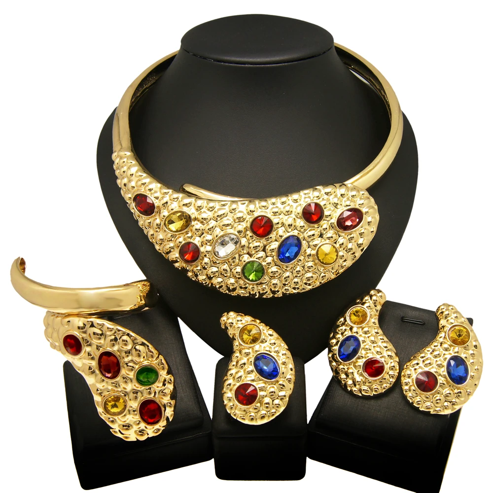 Newest Italian Gold Plated Woman Necklace Set Ladies Wedding Jewelry Sets Exaggerated Bracelet Ring Earrings Nigeria Wedding