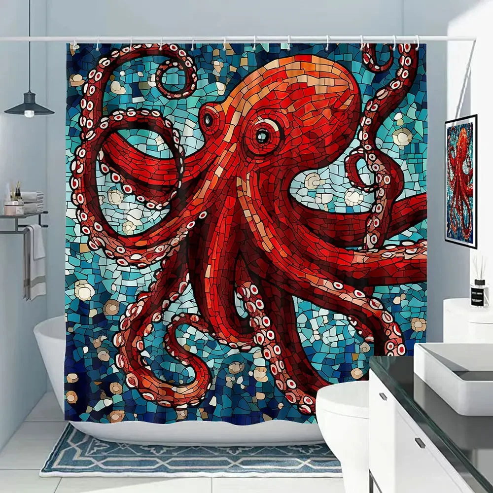 Nautical Octopus Shower Curtain Set Bathroom Funny Ocean Sea Monster Beach Coastal Pirate Map Shower Curtain Bathroom Decor