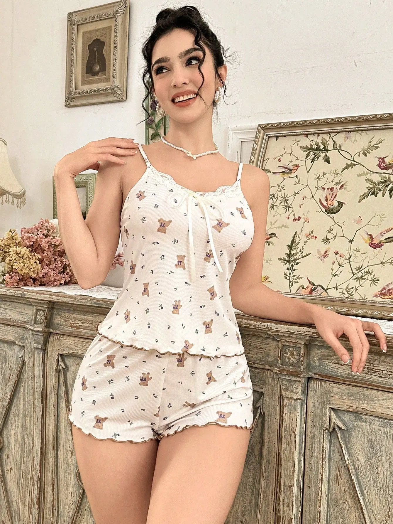 Y2K Cute Teddy Bear Ribbed Pajama Set Womens Cami Top and Shorts Two Piece Loungewear Lace Trim Lettuce Hem Sleepwear Bow New - view 4