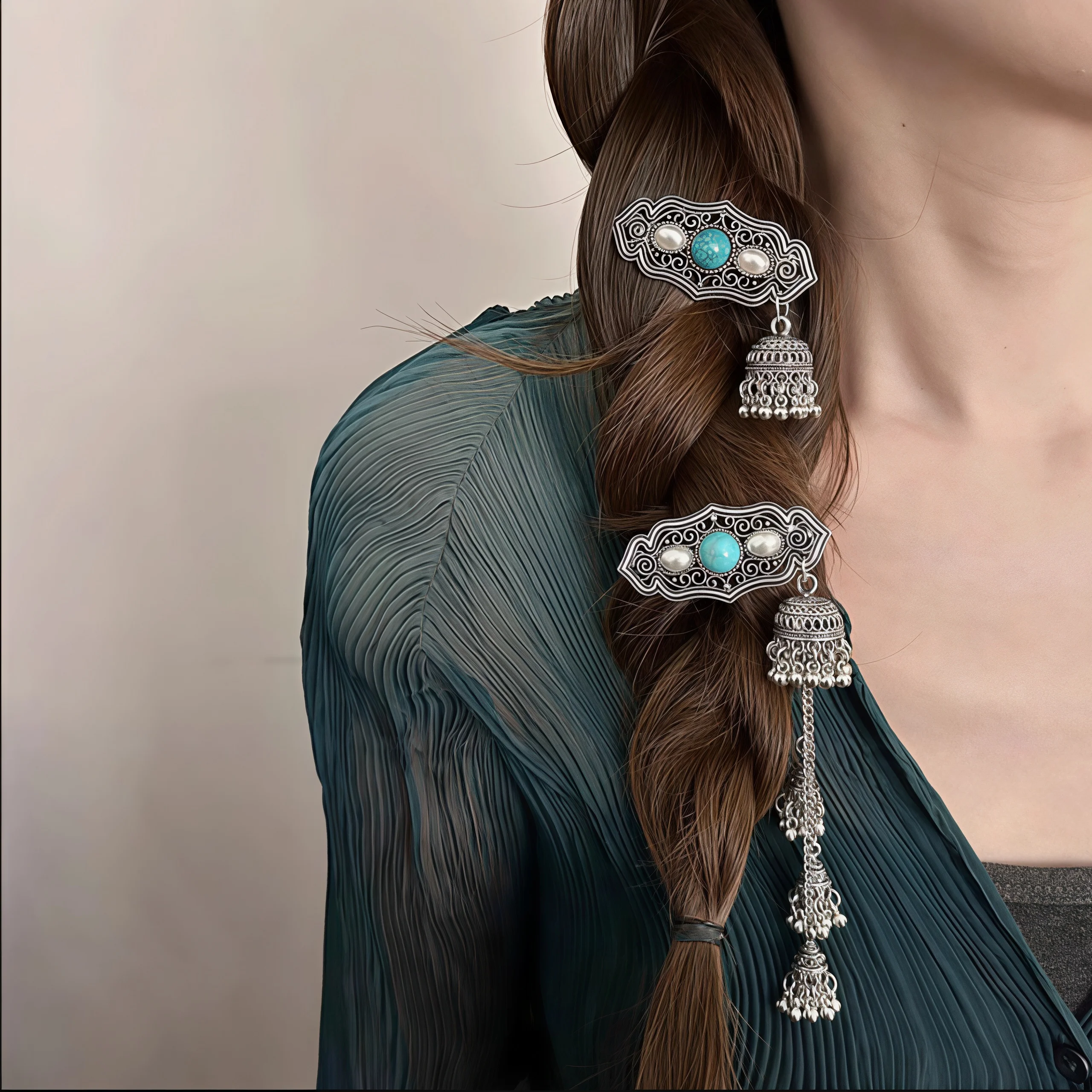 Ethnische Haarspangen im Glockenstil für Frauen, elegante Vintage-Haarspangen mit Metallquasten, trendige türkisfarbene Haaraccessoires für Mädchen – Detail 2