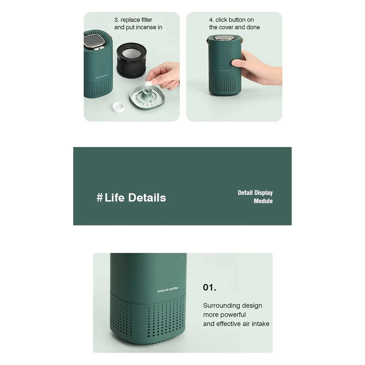 

Desktop Air Purifier H13 Filter Negative Ion Purification 2000MAh Portable Car Freshener for Home(Green)