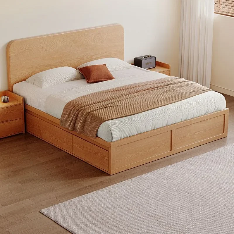 For Thickened Oak Solid Wood Bed Modern Simple High Box Storage Double Bed Master Bedroom Log Style with Drawers
