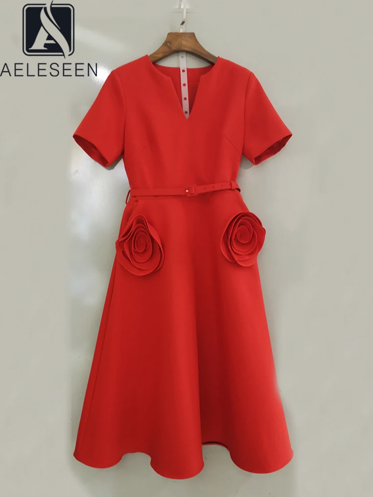 

AELESEEN Fashion Designer Midi Dress Women Summer V-Neck Red Solid High Qaulity 3D Flower Appliques Elegant Belt Office Ladies