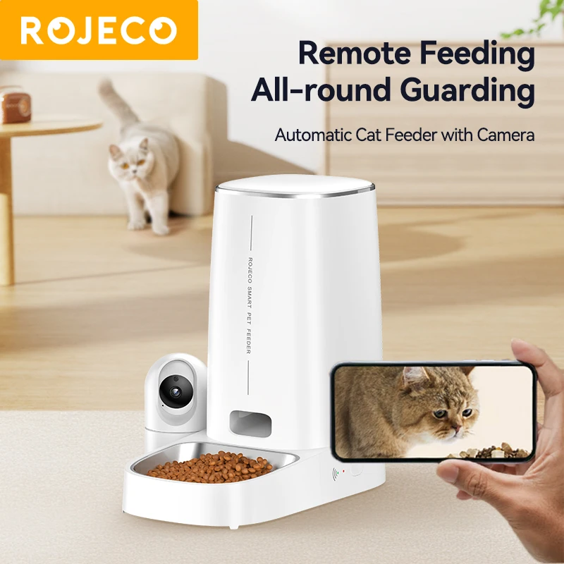 

ROJECO 4L WiFi Automatic Cat Feeder With Camera Video Cat Food Dispenser Pet Smart Voice Calling Auto Feeder For Cats Dogs Pet