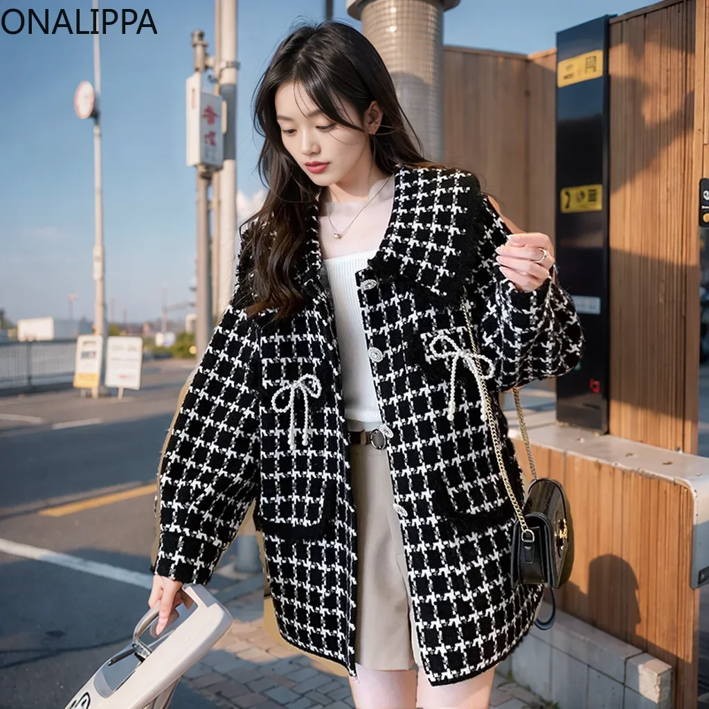 Onalippa Thousand Bird Plaid Wool Coat Women Peter Pan Collar Pearl Bows Mid-length Jackets Korean Womens Winter Clothing 2022