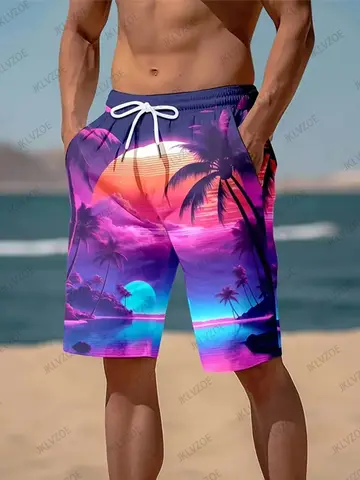 3D Cocoanut Trees Print Beach Shorts Palm Tree Graphic Surfing Board Shorts For Men Summer New Hawaiian Cool Swimming Trunks